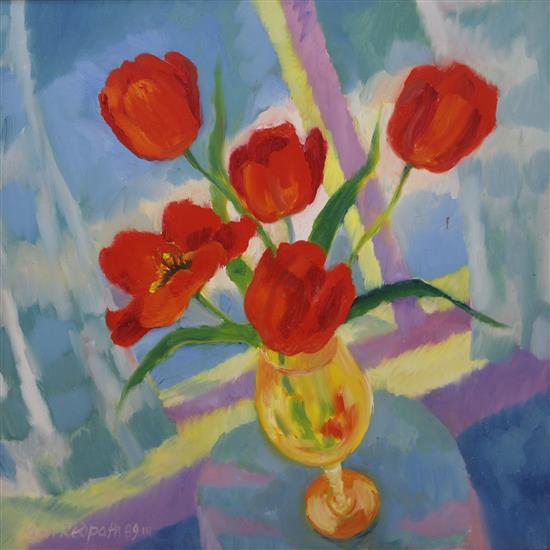 Kim Redpath (Scottish b. 1925), oil on canvas, still life of poppies in a glass, signed and dated 89 III, approx 60 x 60cm